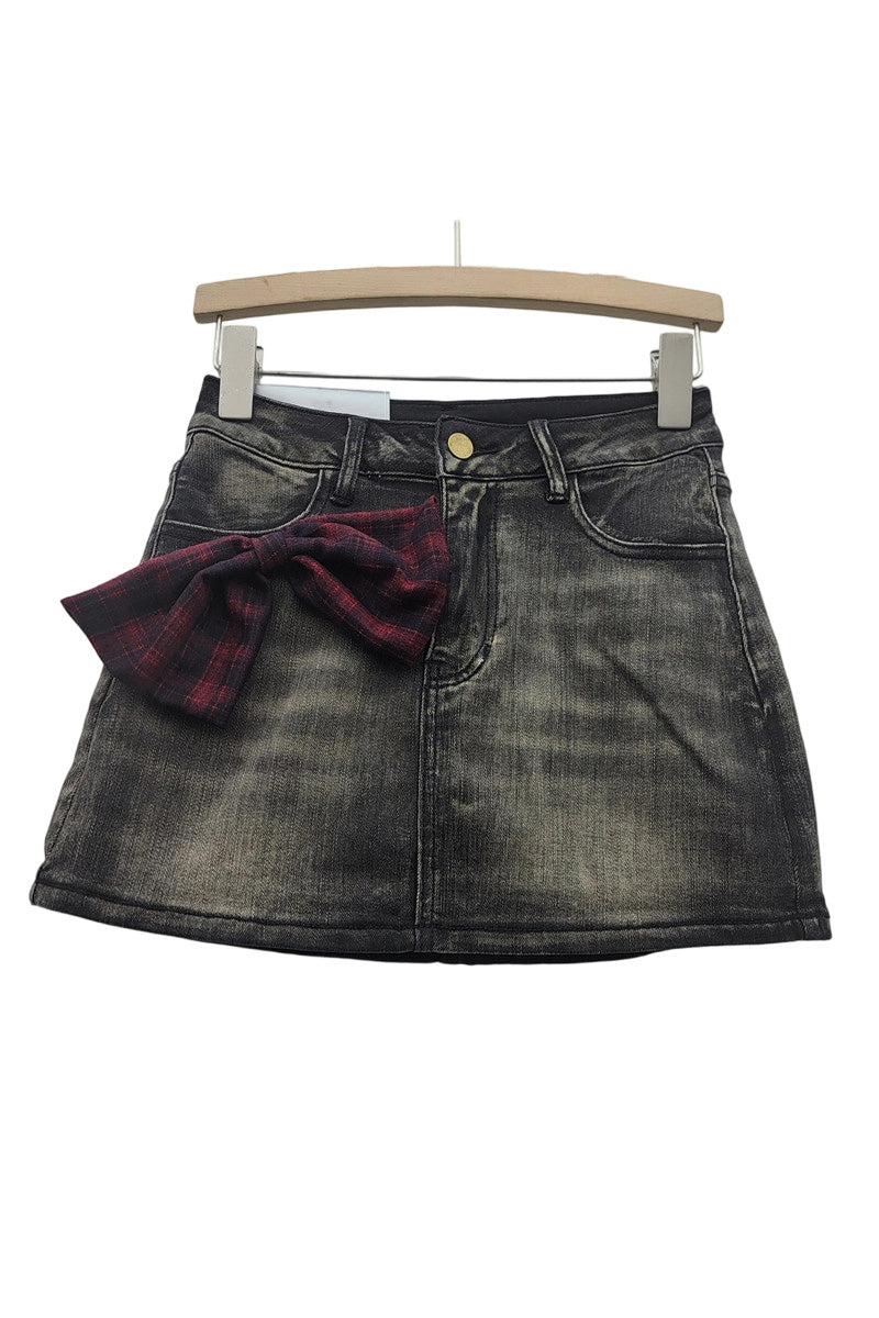 Denim Skirt with Plaid Bow Accent