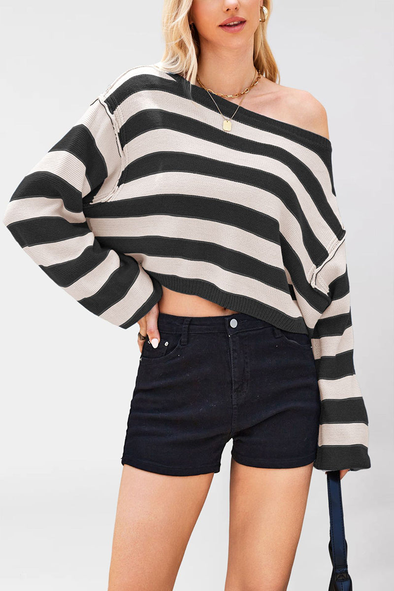 Striped Off-Shoulder Cropped Sweater