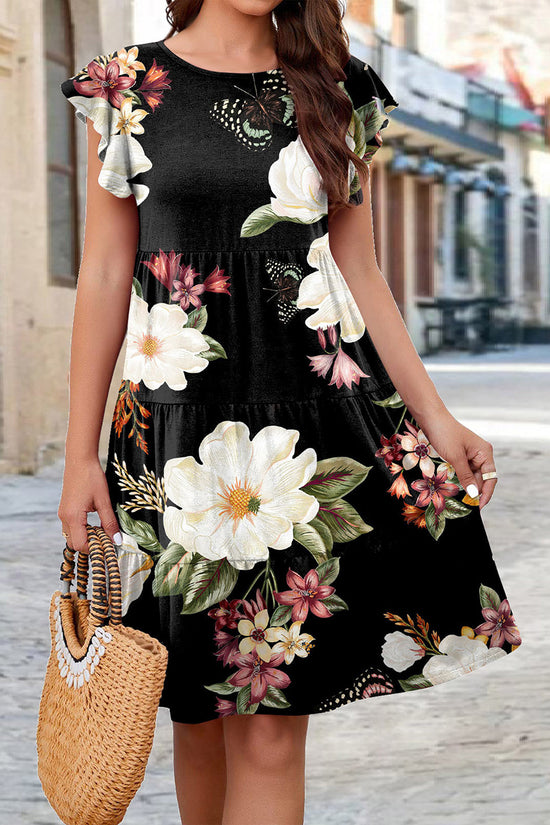 Floral Ruffle Sleeve Casual Dress