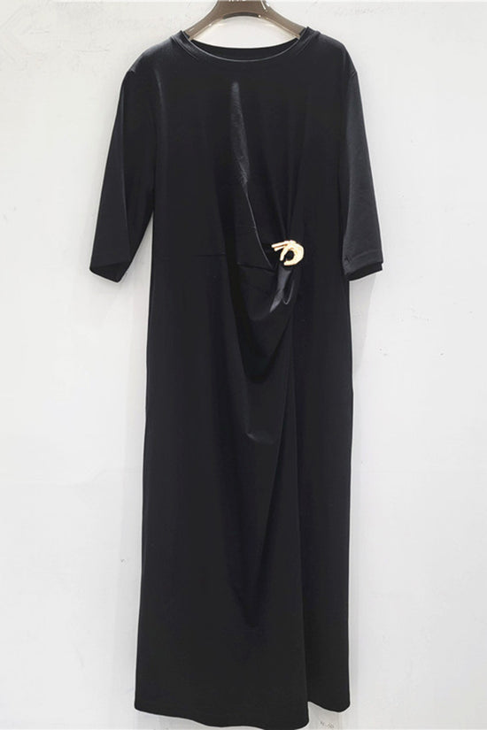 Elegant Ruched Midi Dress with Brooch