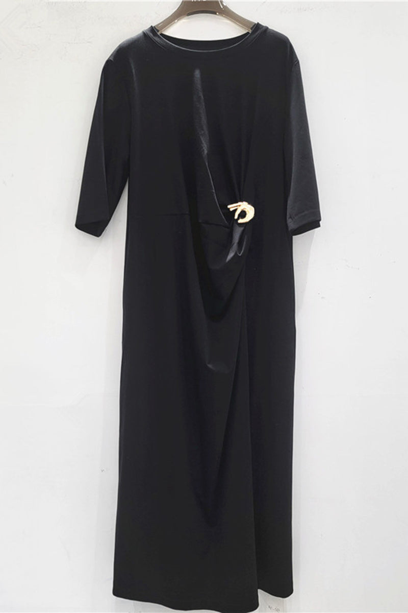 Elegant Ruched Midi Dress with Brooch