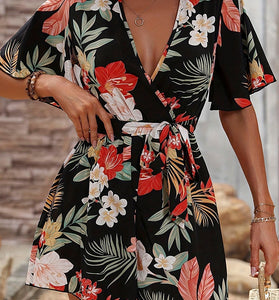 Floral Wrap V-Neck Short Casual Dress