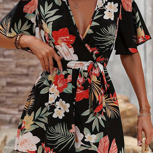 Floral Wrap V-Neck Short Casual Dress
