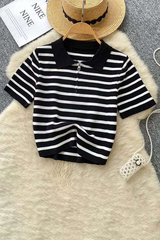 Striped Polo Zipper T-Shirt