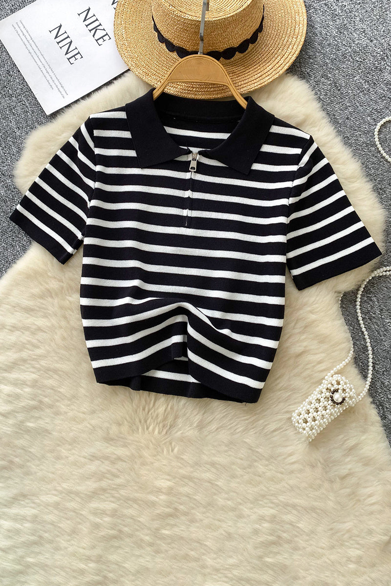 Striped Polo Zipper T-Shirt