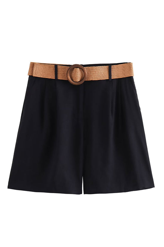 Pleated Casual Shorts with Woven Belt