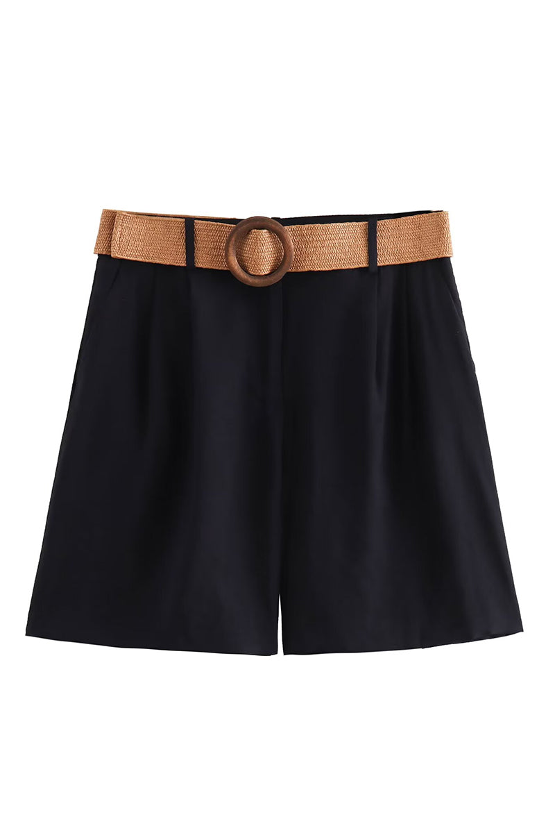 Pleated Casual Shorts with Woven Belt