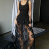 Sheer Lace Overlay Peplum Maxi Dress