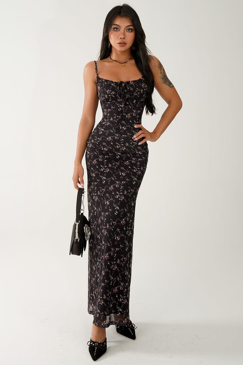 Floral Lace-Up Cami Maxi Dress