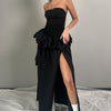 Strapless Ruffle Trim Slit Gown