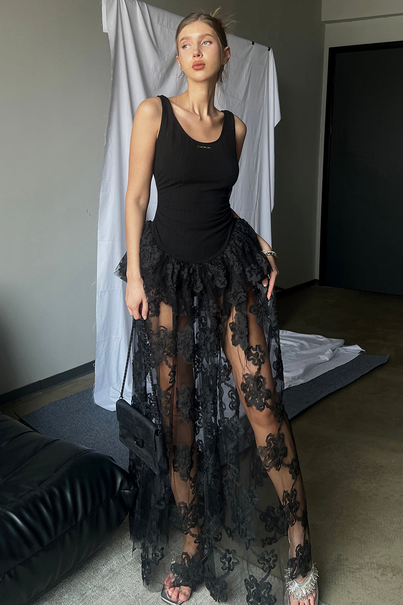 Sheer Lace Overlay Peplum Maxi Dress