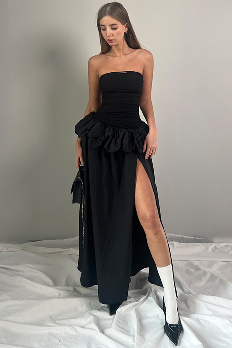 Strapless Ruffle Trim Slit Gown