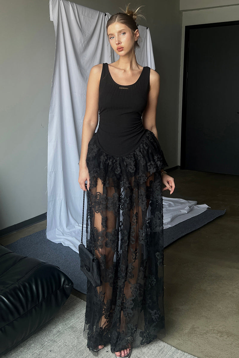 Sheer Lace Overlay Peplum Maxi Dress