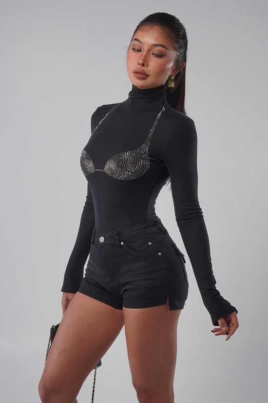 Rhinestone Bra Detail Turtleneck Top