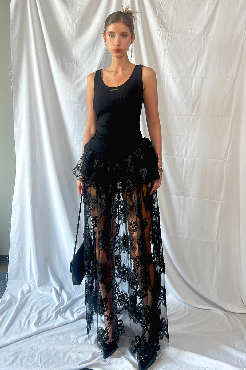 Sheer Lace Overlay Peplum Maxi Dress