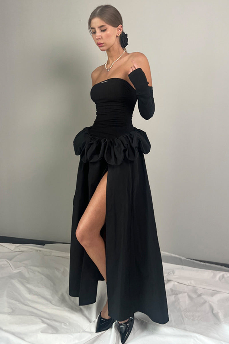 Strapless Ruffle Trim Slit Gown
