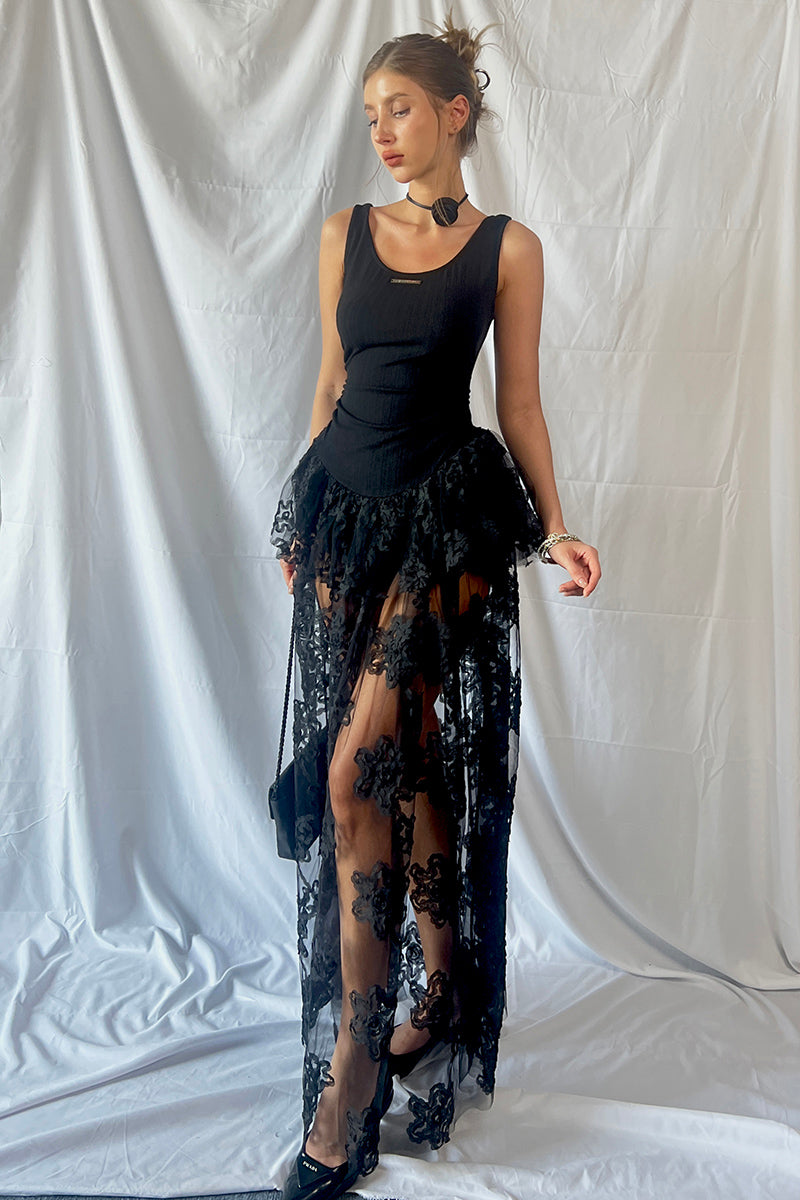 Sheer Lace Overlay Peplum Maxi Dress