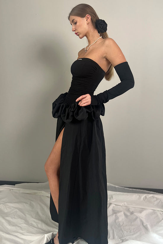 Strapless Ruffle Trim Slit Gown