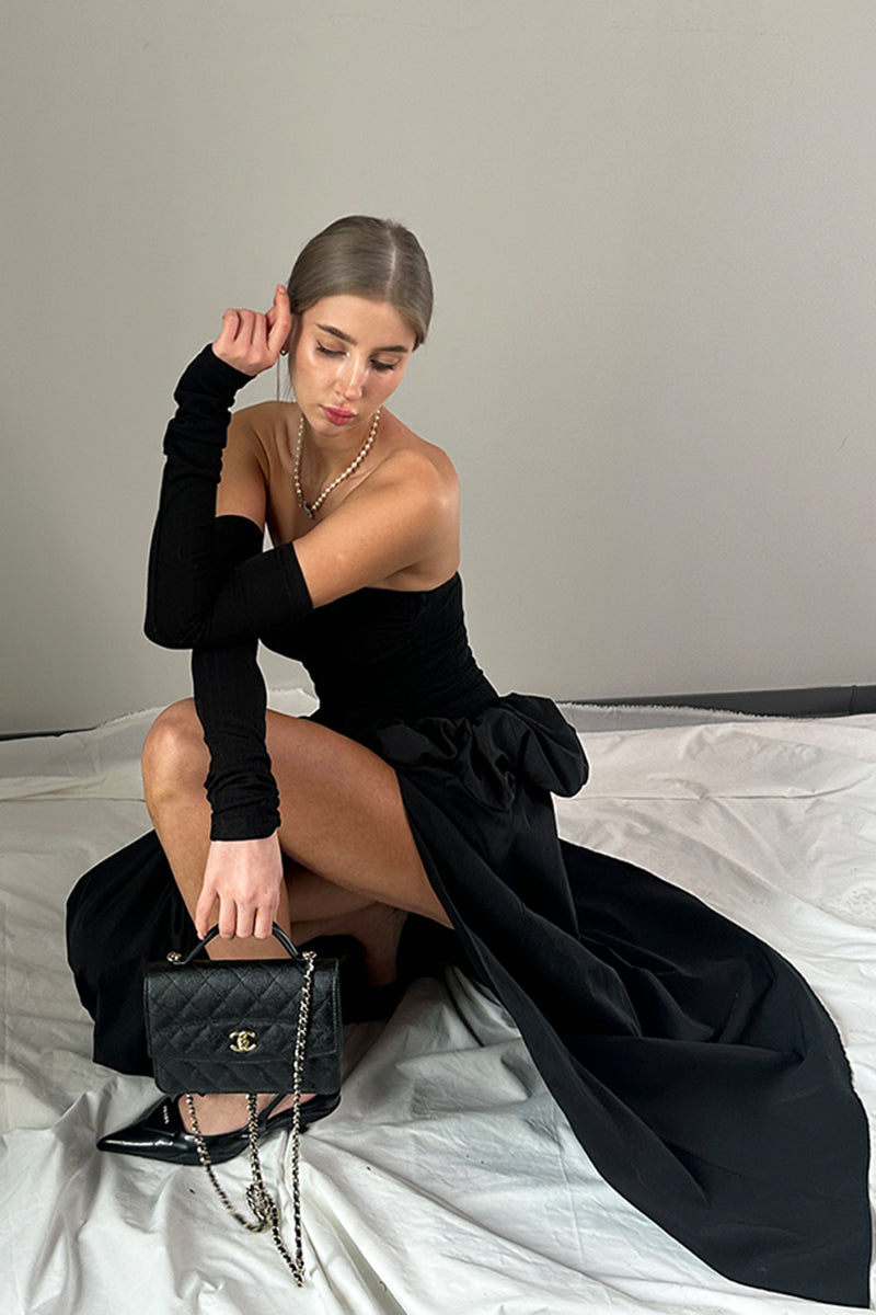 Strapless Ruffle Trim Slit Gown