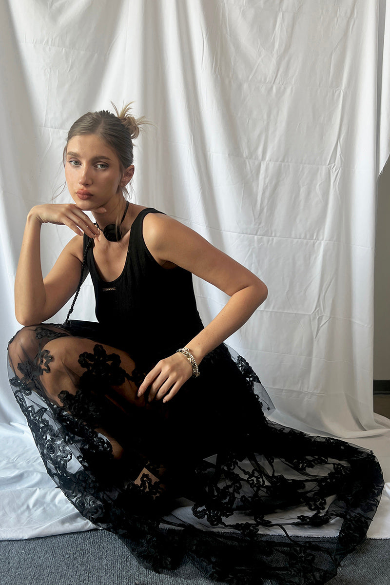 Sheer Lace Overlay Peplum Maxi Dress