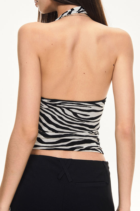 Zebra Print Halter Neck Ruched Top