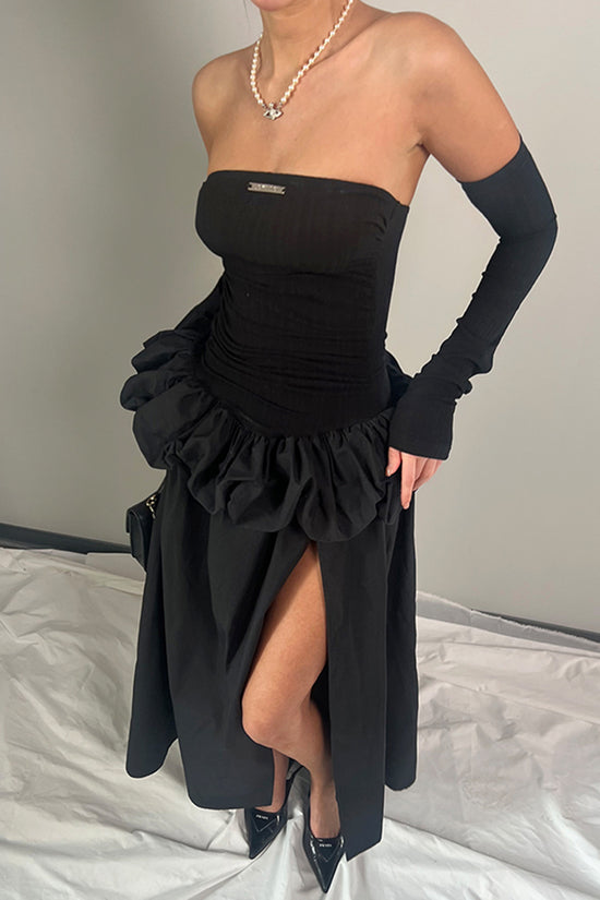 Strapless Ruffle Trim Slit Gown