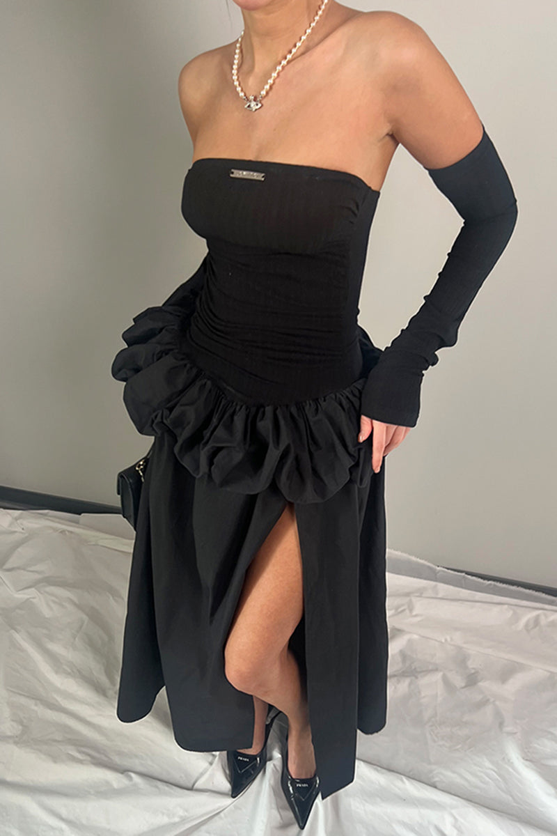 Strapless Ruffle Trim Slit Gown