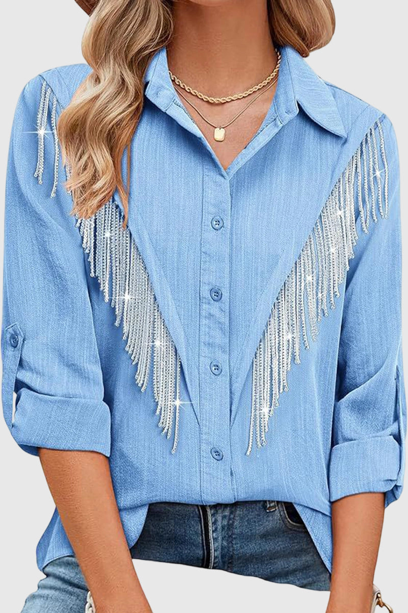 Fringe Embellished Button-Up Blouse