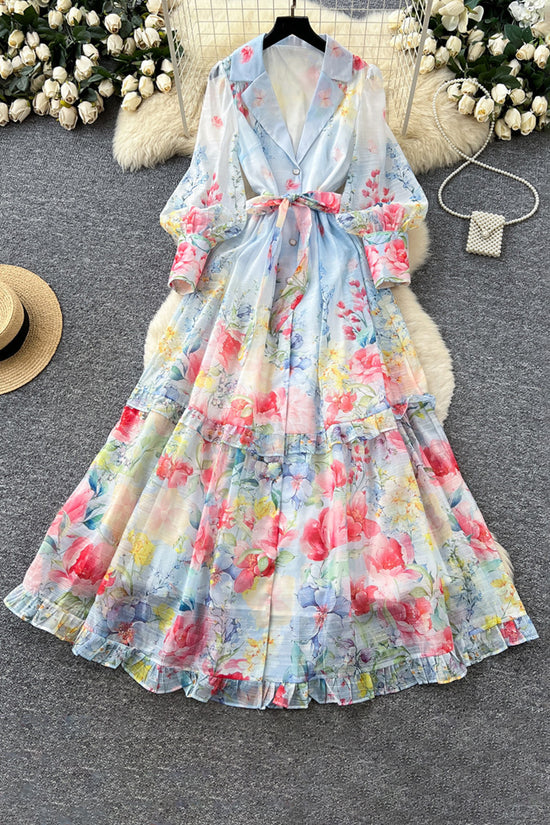 Floral Belted Long Sleeve Casual Dress