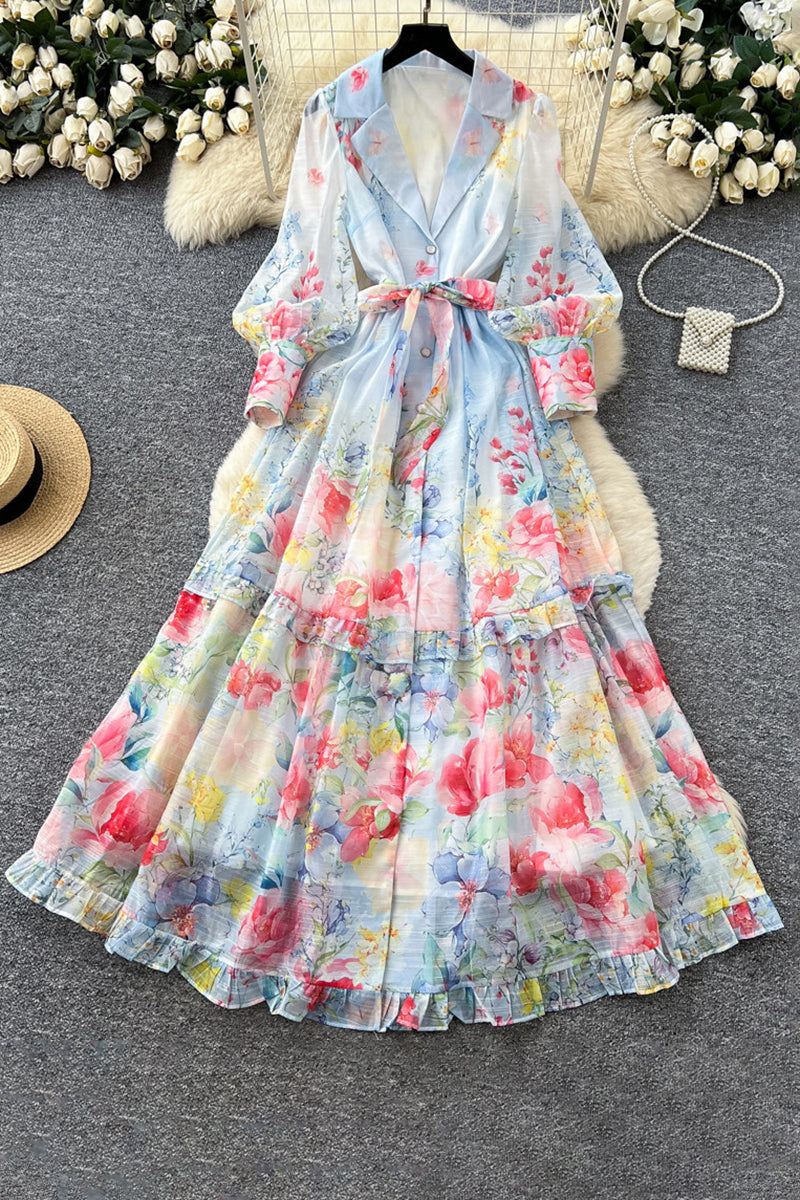 Floral Belted Long Sleeve Casual Dress