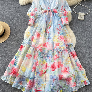 Floral Belted Long Sleeve Casual Dress