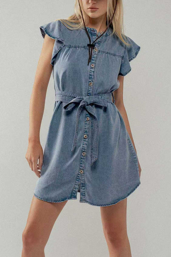 Ruffled Button-Up Denim Dress