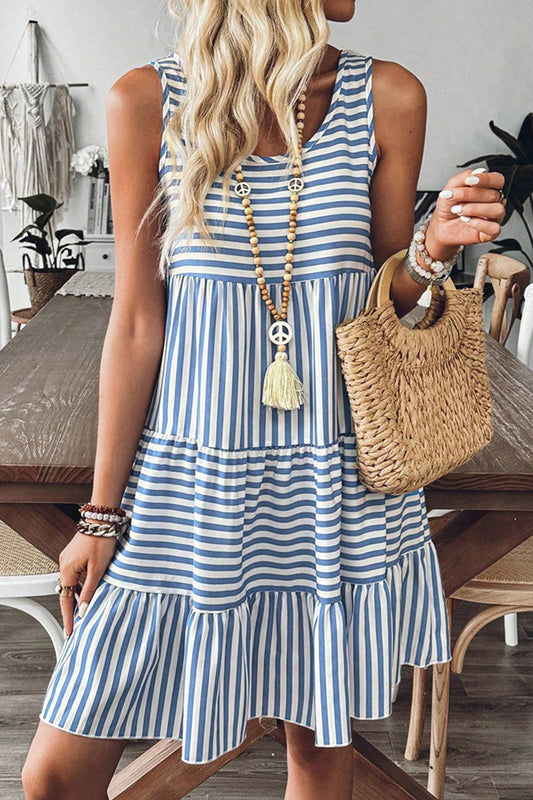 Striped Sleeveless Tiered Casual Dress