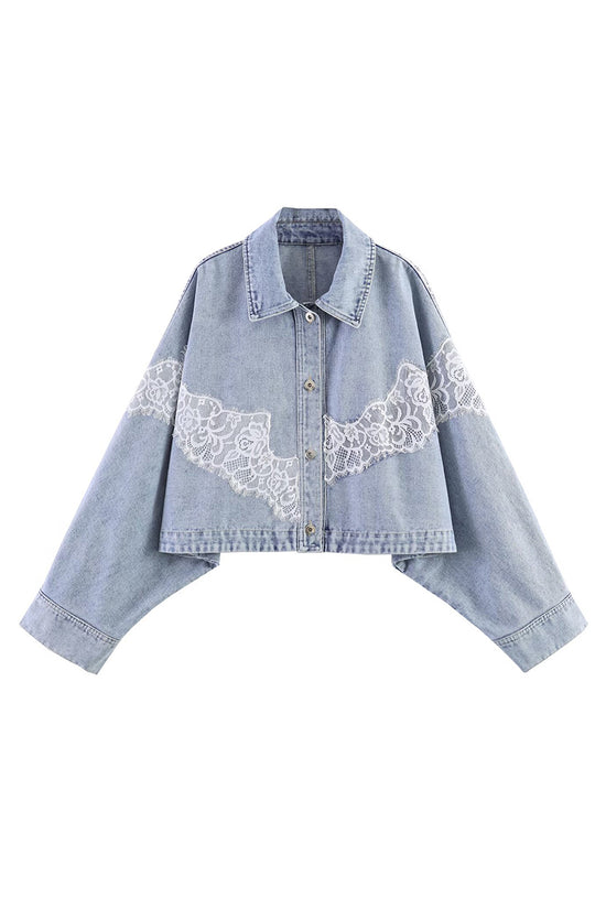 Cropped Denim Jacket with Lace Detail