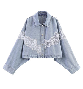 Cropped Denim Jacket with Lace Detail