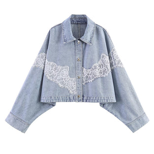 Cropped Denim Jacket with Lace Detail