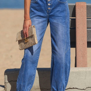 Button Front Tapered Jeans
