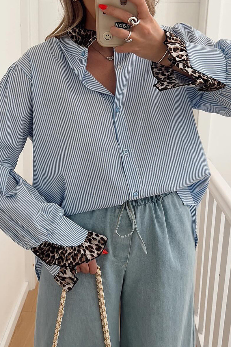 Striped Button-Up Shirt with Contrast Cuffs
