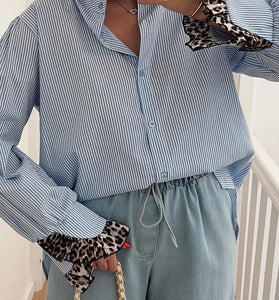 Striped Button-Up Shirt with Contrast Cuffs