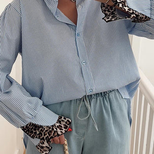 Striped Button-Up Shirt with Contrast Cuffs