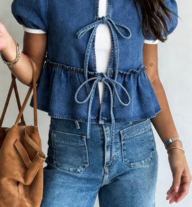 Bow Tie Peplum Denim Jacket