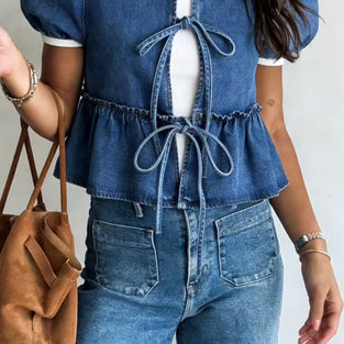 Bow Tie Peplum Denim Jacket