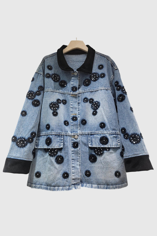Embellished Denim Jacket with Floral Accents