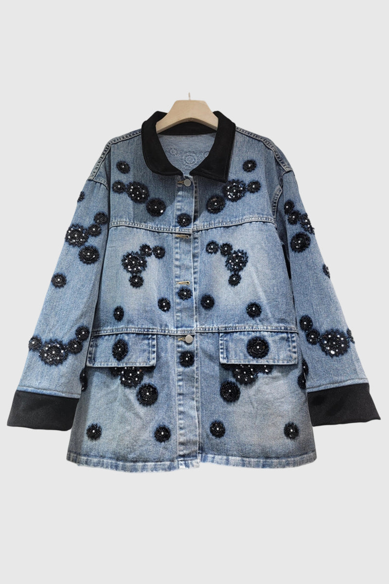 Embellished Denim Jacket with Floral Accents