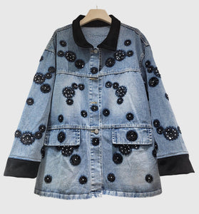 Embellished Denim Jacket with Floral Accents