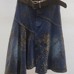 Asymmetric Patterned Vintage Denim Skirt