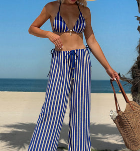 Striped Bikini Set with Wide-Leg Pants