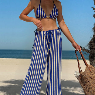 Striped Bikini Set with Wide-Leg Pants