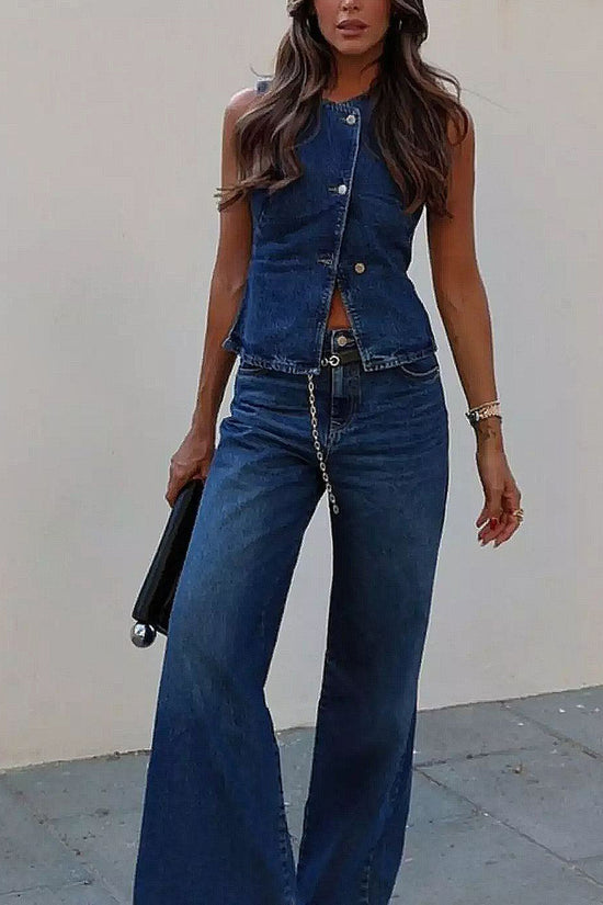 Stylish Denim Sleeveless Pants Set