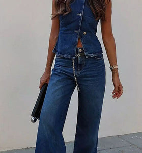 Stylish Denim Sleeveless Pants Set